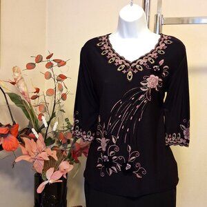 NWT Women's Purple Embroidery 3/4 Sleeve Blouse Top Spring Summer Fall Tops 10 M